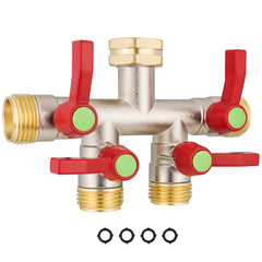 EJW brass splitter front view showing sturdy body and four outlets for durability