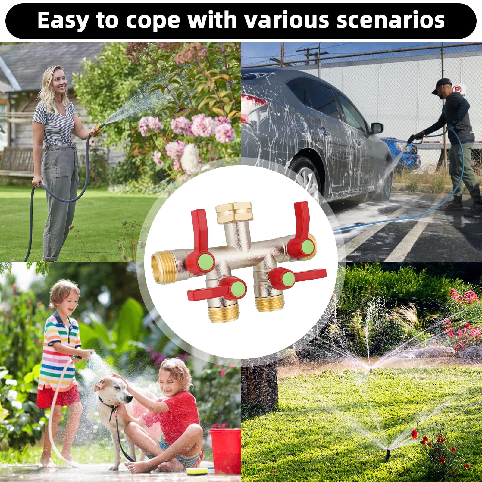 EJW splitter installed on outdoor faucet in backyard for multi-hose convenience