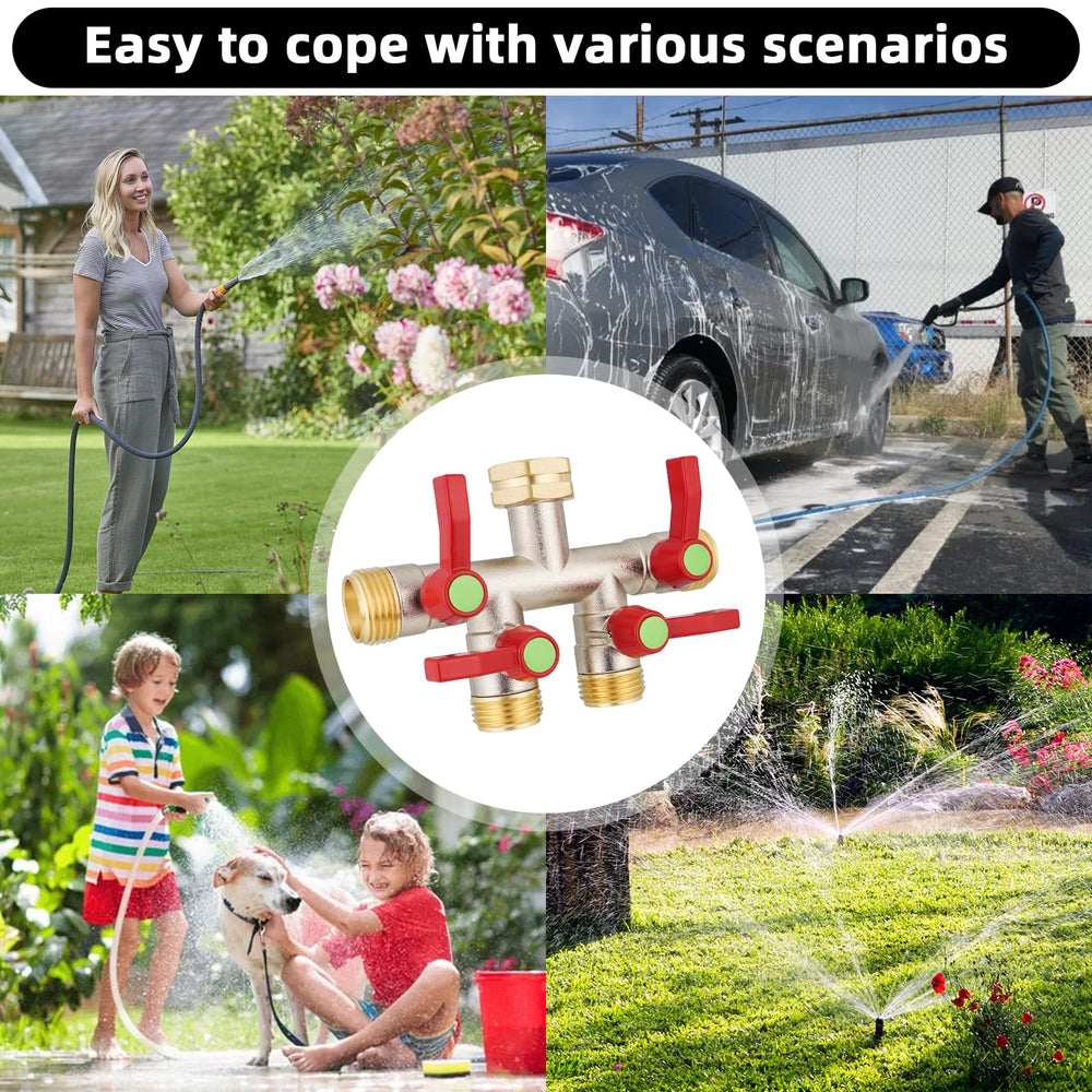 EJW splitter installed on outdoor faucet in backyard for multi-hose convenience