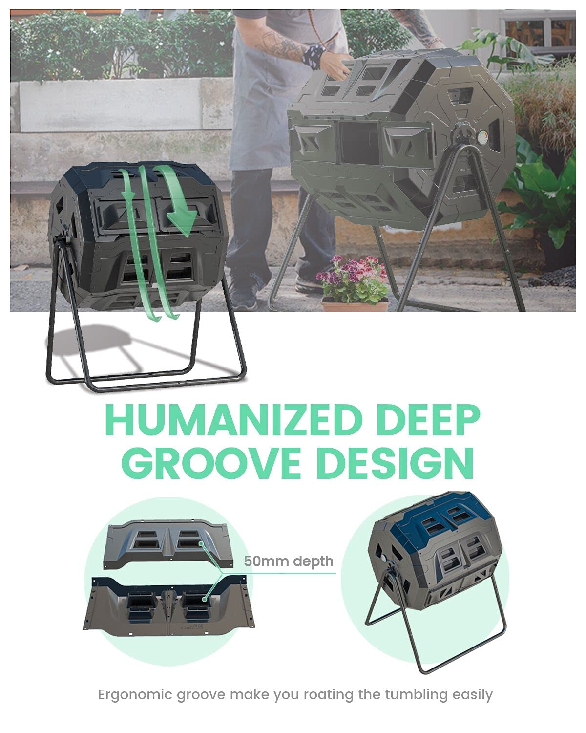EJWOX composter in garden setting demonstrating outdoor placement and tidy waste management