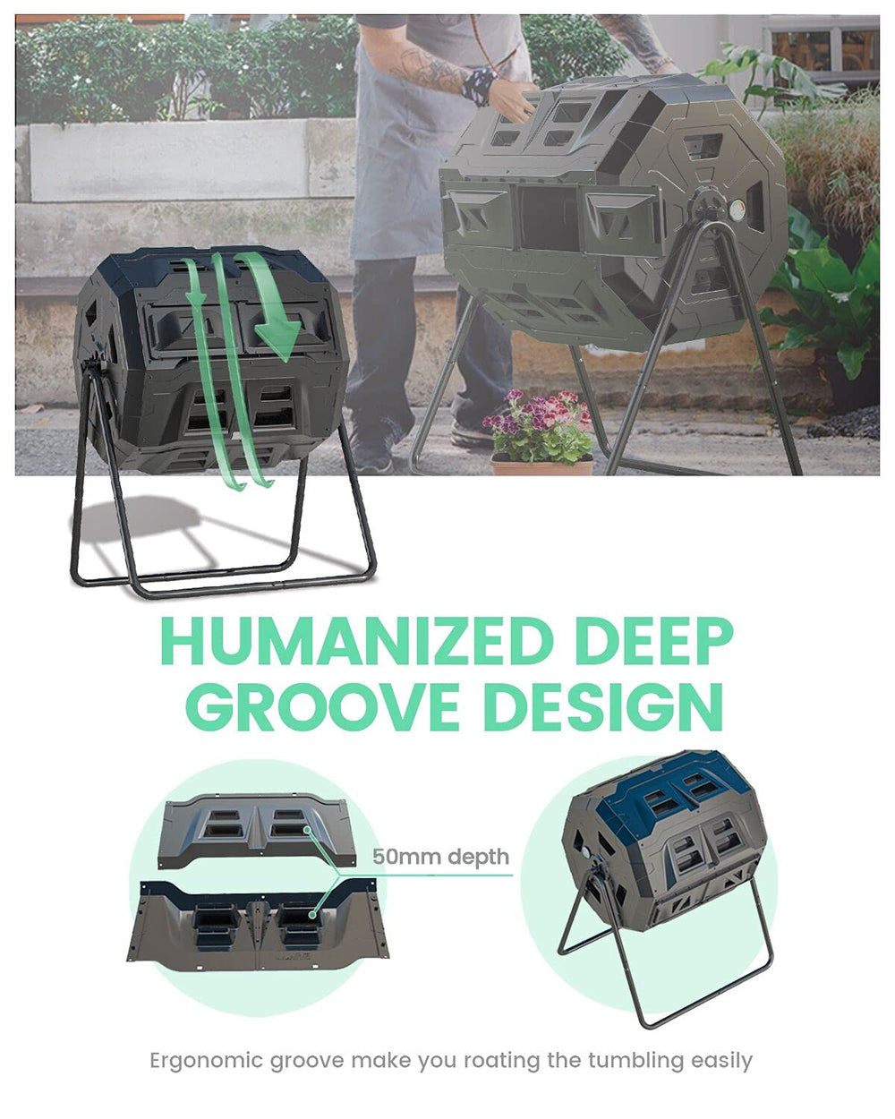 EJWOX composter in garden setting demonstrating outdoor placement and tidy waste management