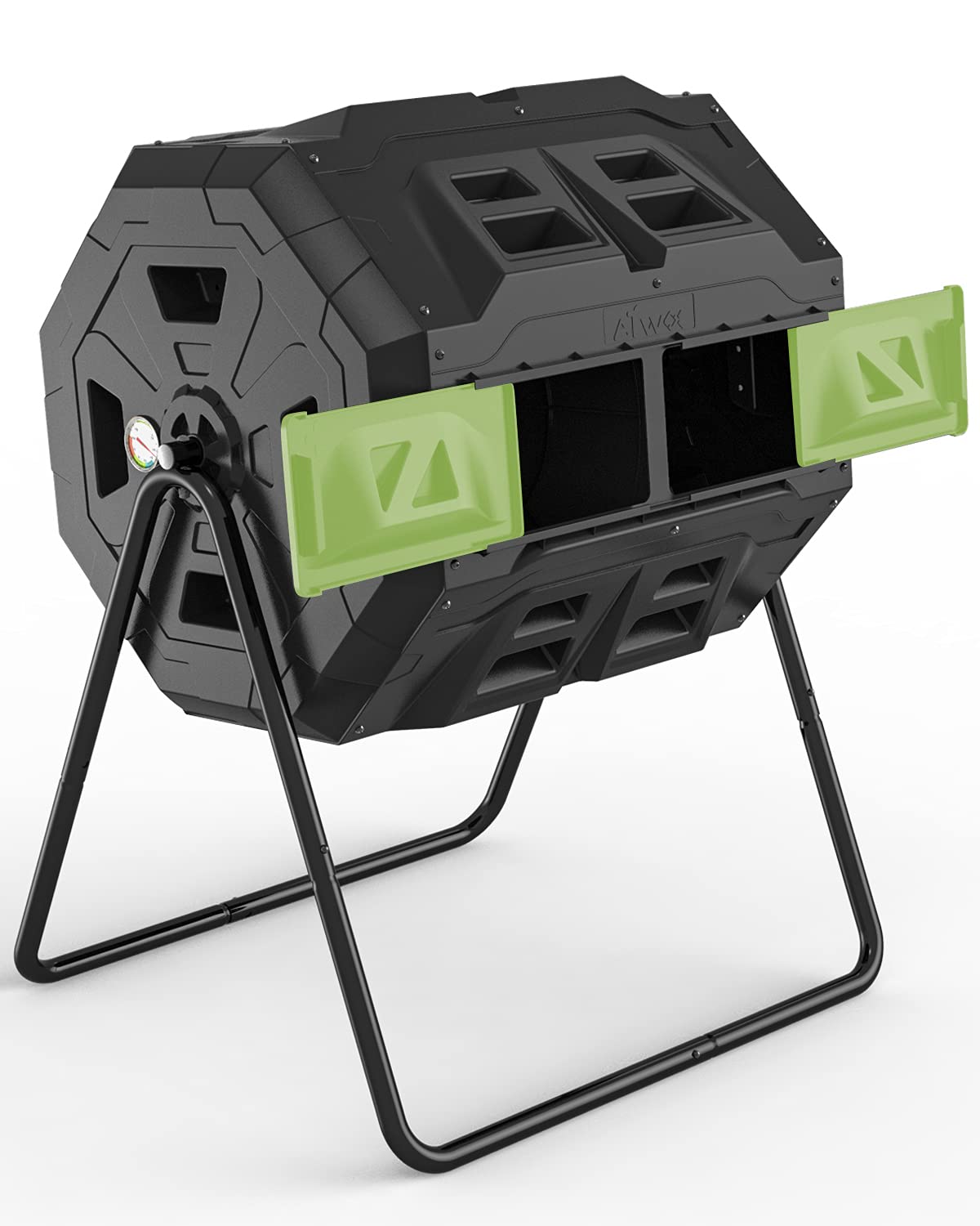 EJWOX front view of 43 gal dual chamber tumbling composter showing sturdy build and lid benefit