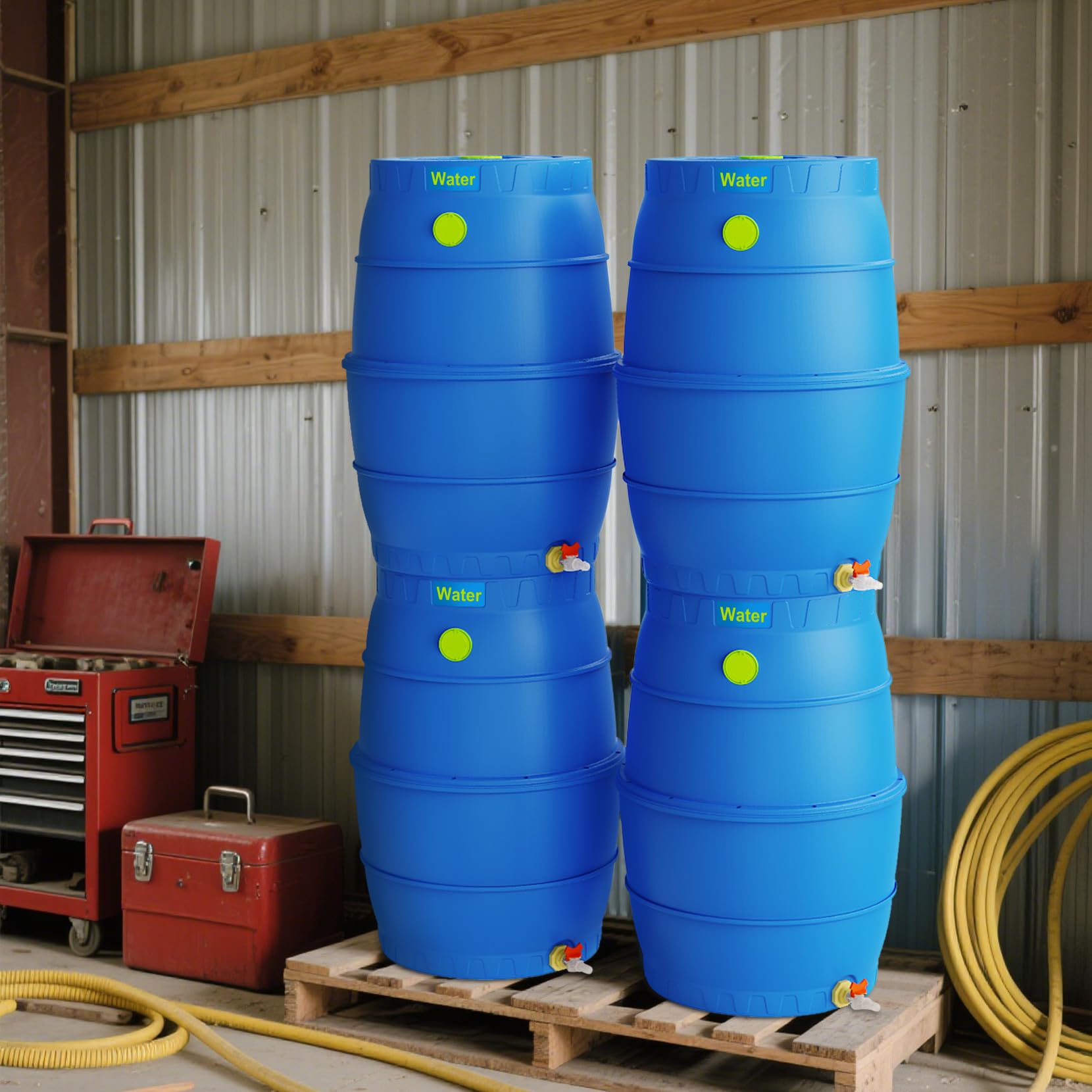 EJWOX barrel with garden hose attached demonstrating irrigation-ready water access