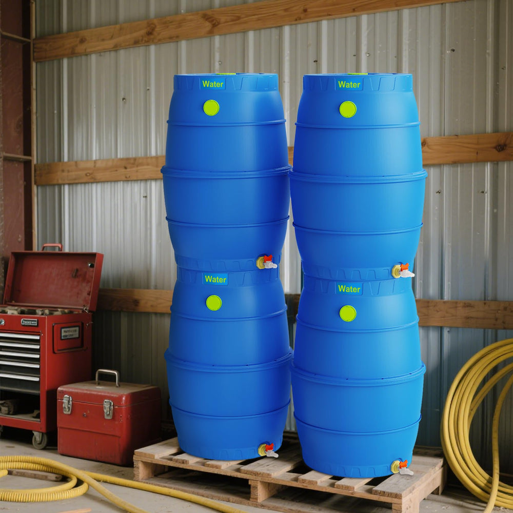 EJWOX barrel with garden hose attached demonstrating irrigation-ready water access