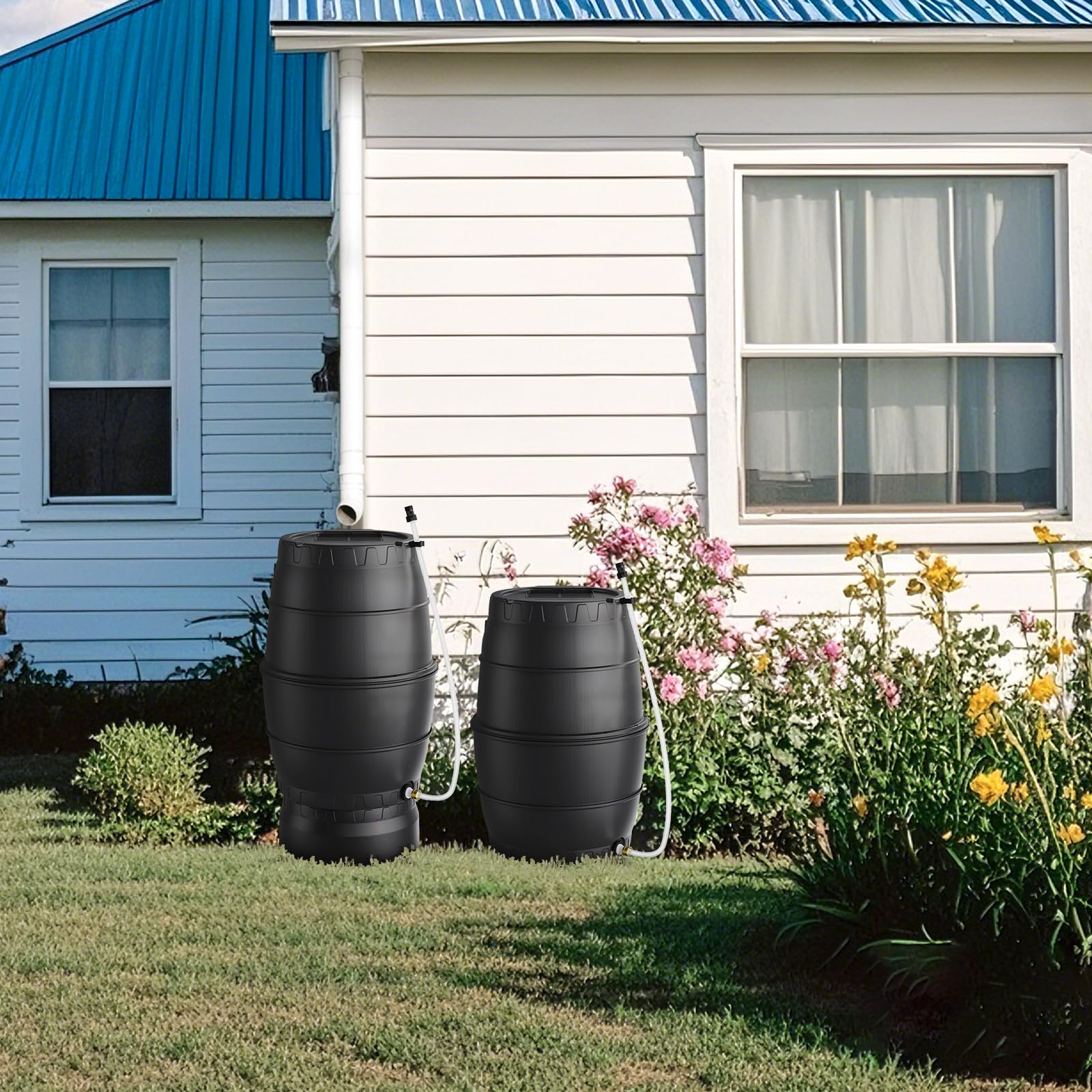 EJWOX rain barrel in use watering garden to conserve municipal water