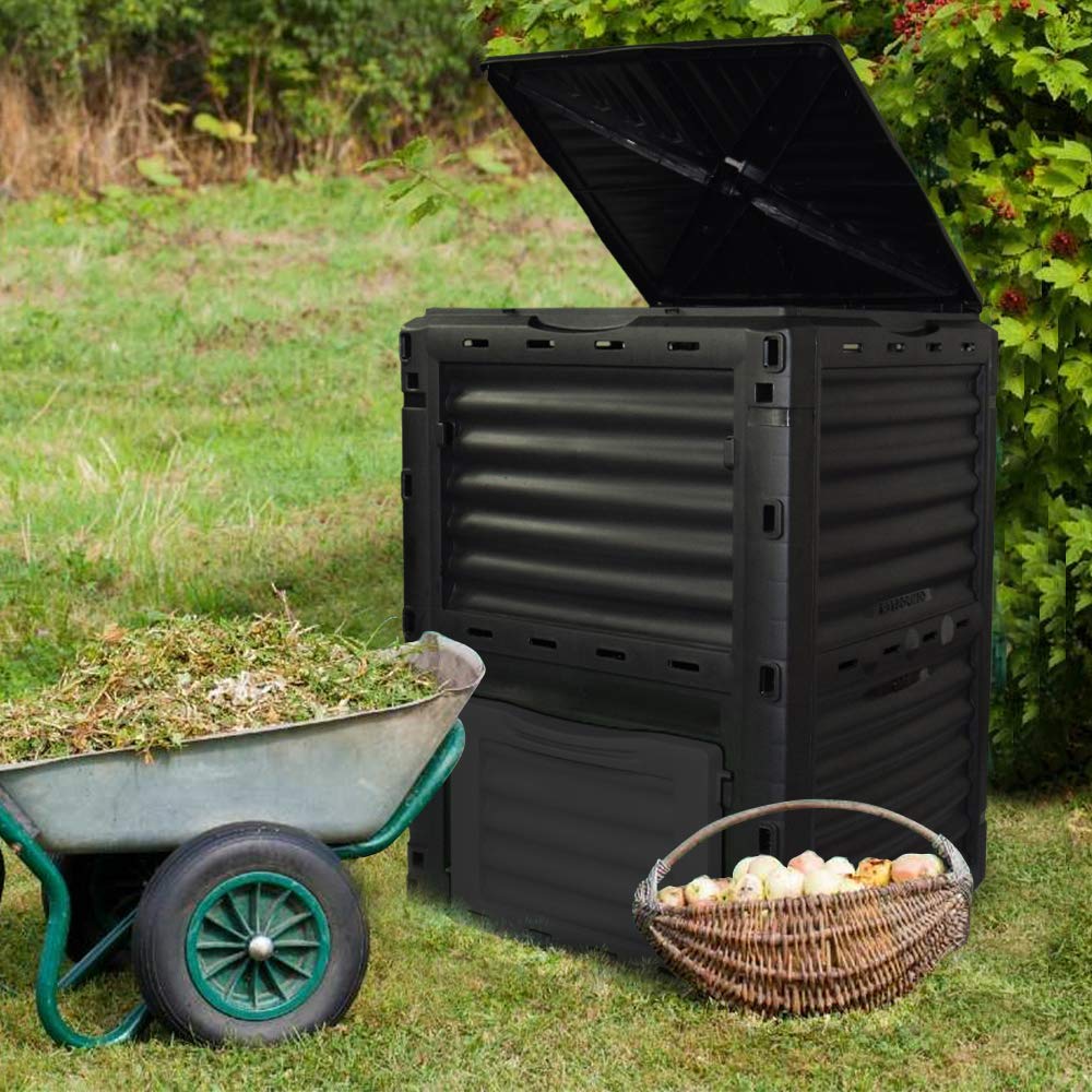 EJWOX next to shovel and wheelbarrow showing size and usability for gardeners