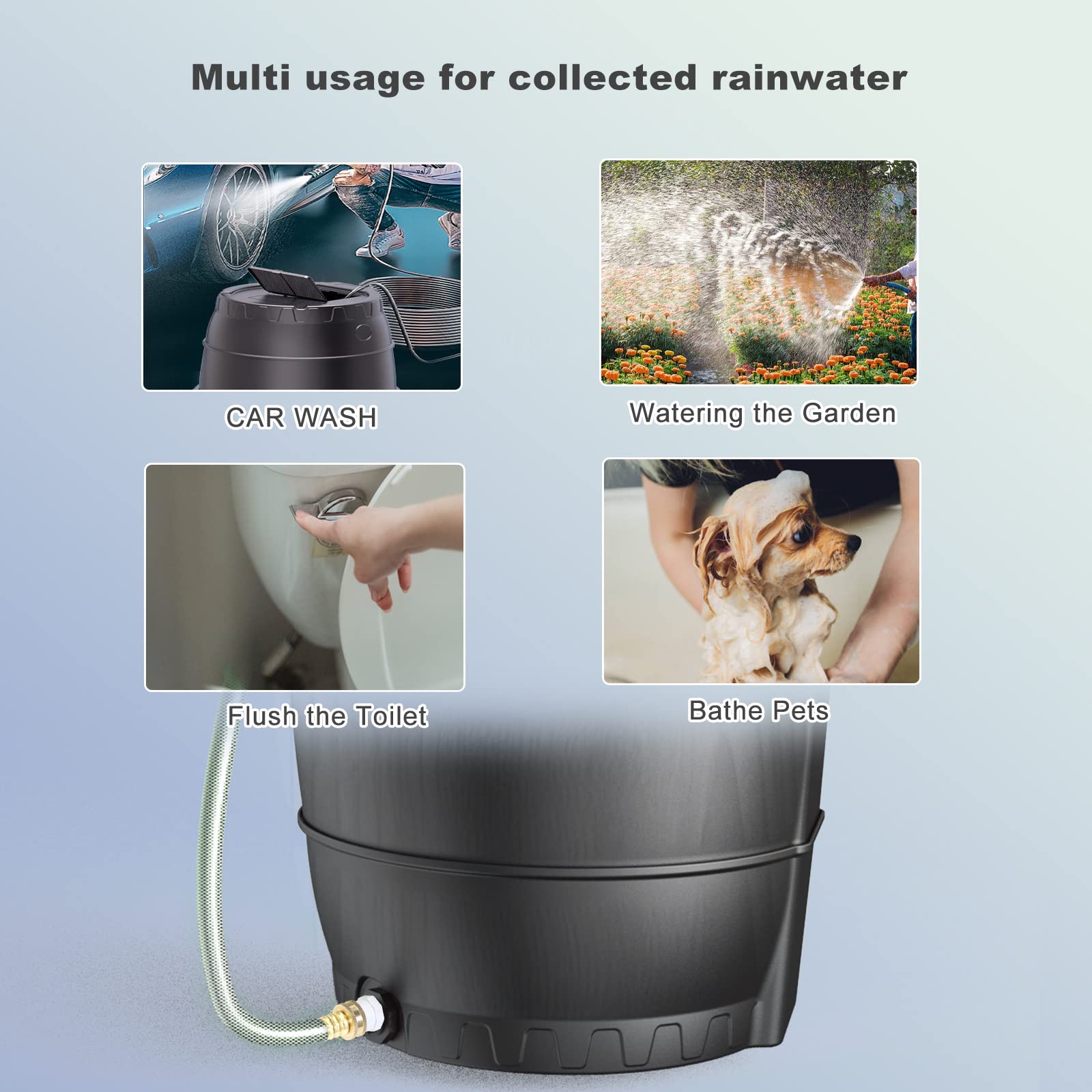 EJWOX barrel beside garden tools illustrating size and practical scale
