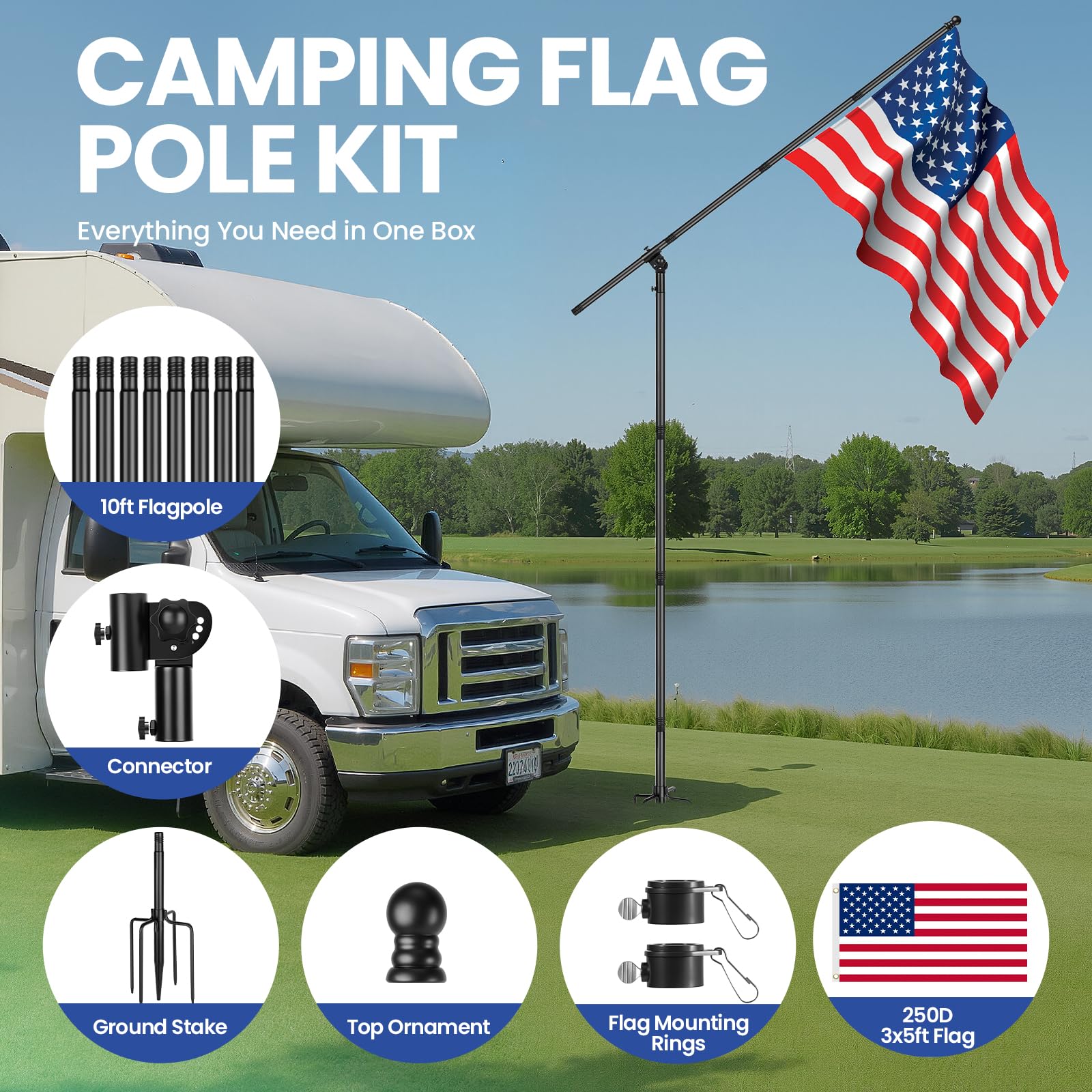EJYTRVT flag pole next to RV wheel indicating compact packed size and scale