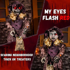 ELAMAS candy bag held by doll illustrating trick-or-treat functionality