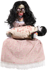 ELAMAS front view of sitting skeleton and girl doll showing spooky posture and setup benefit