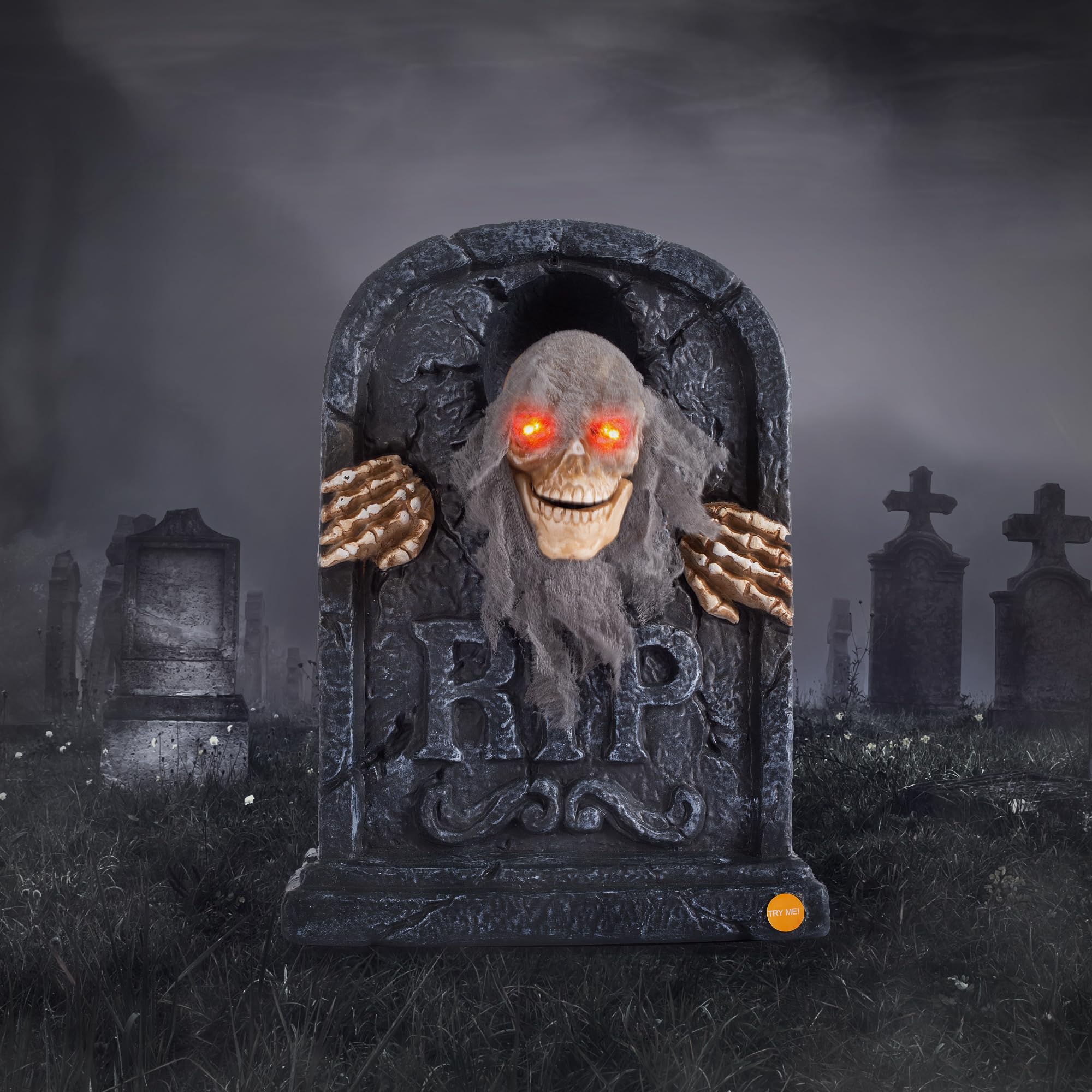 ELAMAS tombstone front view showing full animated skeleton and design benefit: instant focal point