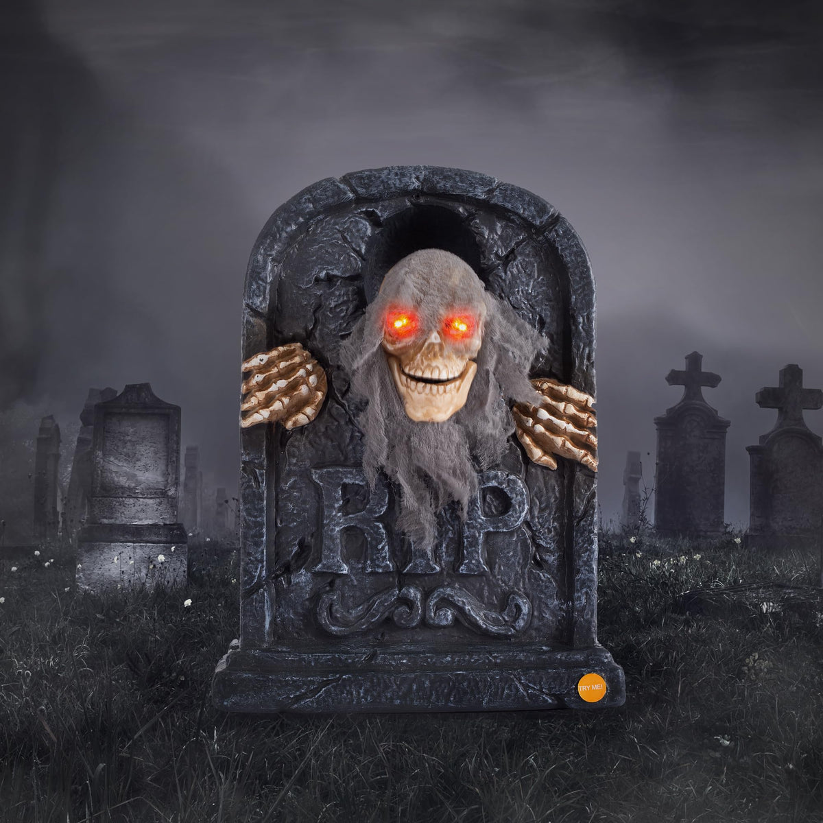 ELAMAS tombstone front view showing full animated skeleton and design benefit: instant focal point