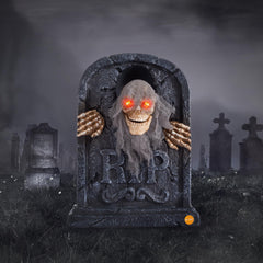 ELAMAS tombstone front view showing full animated skeleton and design benefit: instant focal point