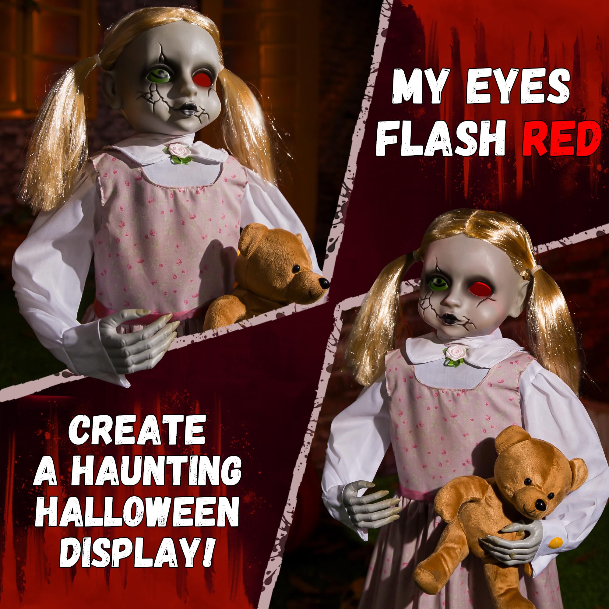 ELAMAS animatronic doll placed in yard scene to maximize scare impact