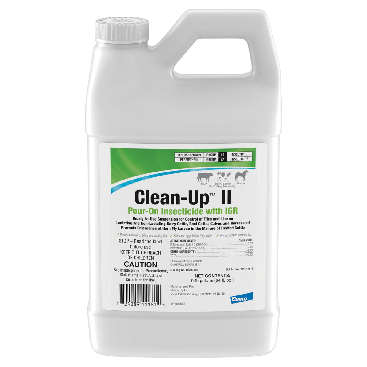 Elanco Clean-Up II jug front label showing product identity and benefits