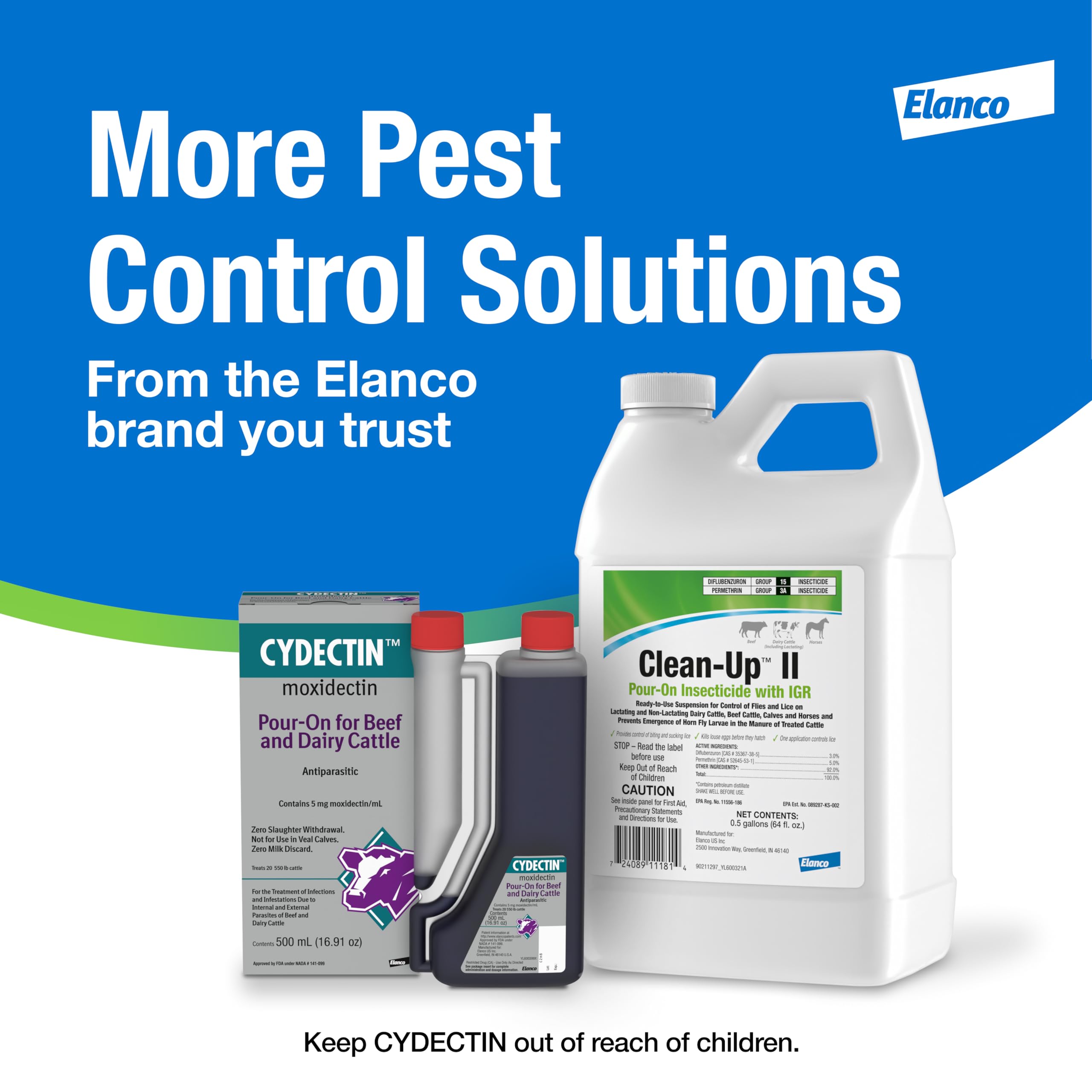 Elanco jug beside cattle in barn showing farm-ready pest management