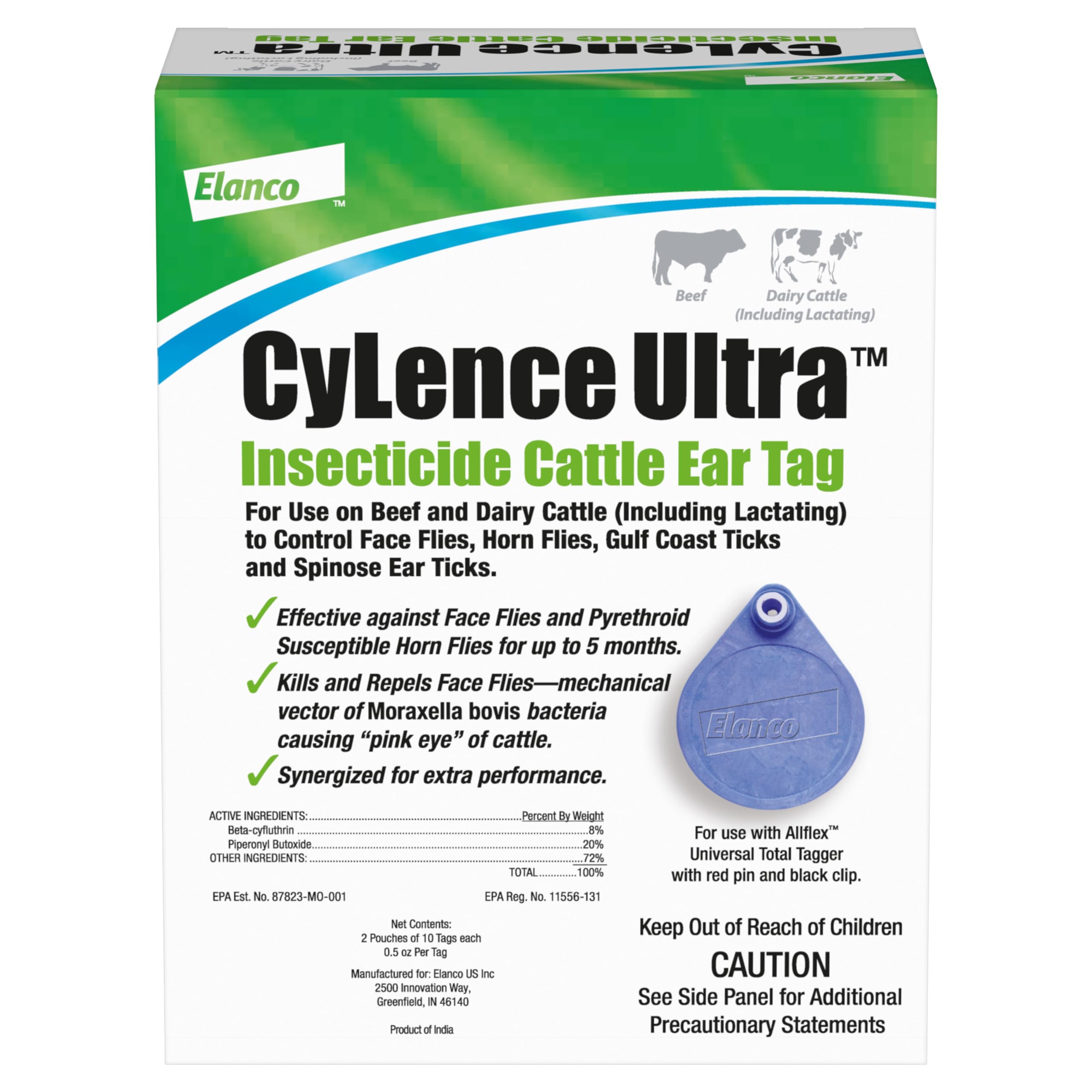 Elanco CyLence Ultra front packaging showing 20 tags and benefits