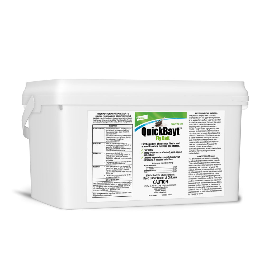 Elanco QuickBayt 5 lb pail front view showing packaging and ready-to-use benefit