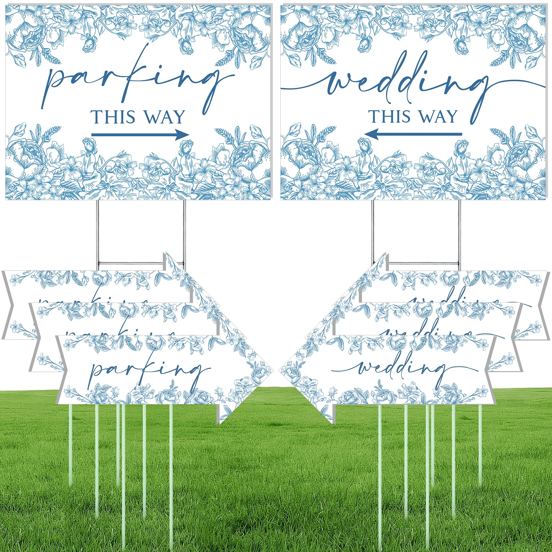 ElasignShopo front view of blue flower directional sign set showing elegant design and clear wording