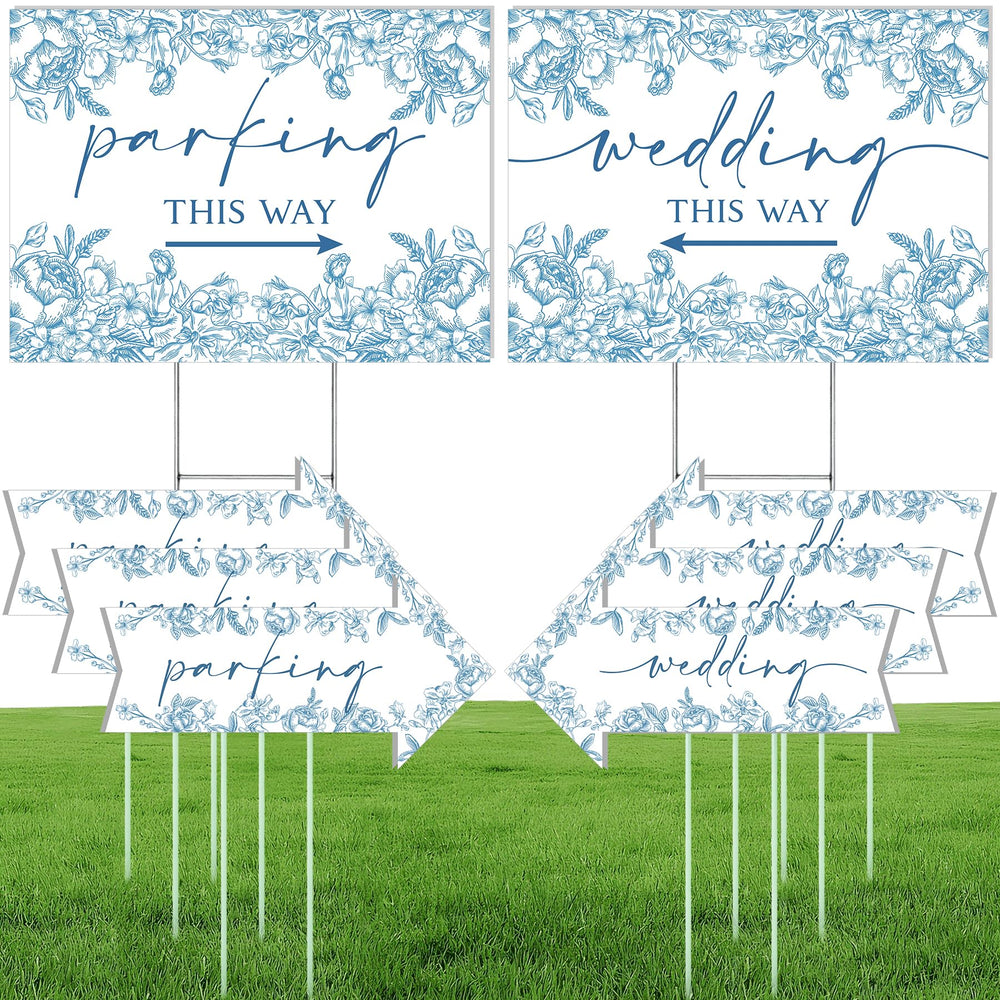 ElasignShopo front view of blue flower directional sign set showing elegant design and clear wording