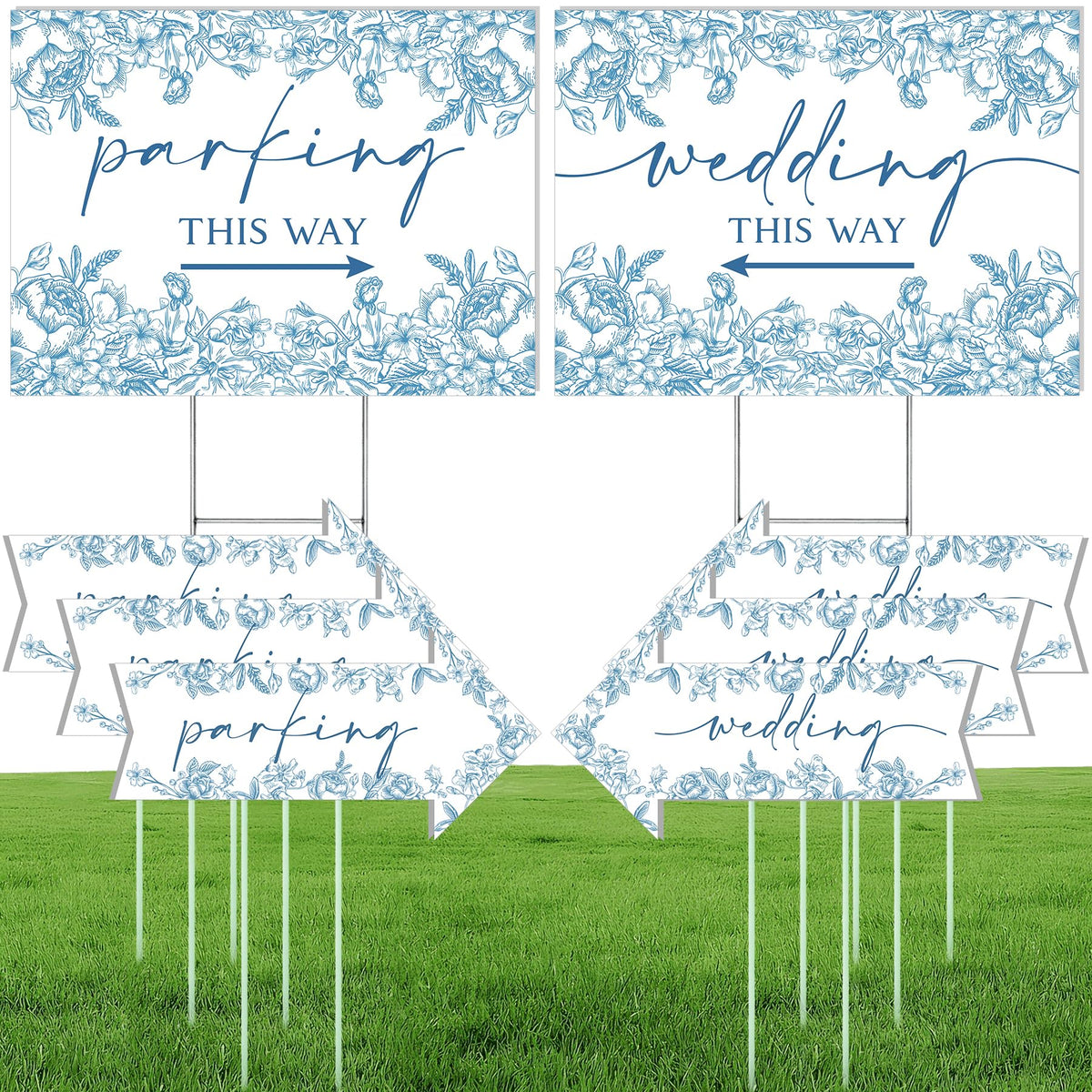 ElasignShopo front view of blue flower directional sign set showing elegant design and clear wording
