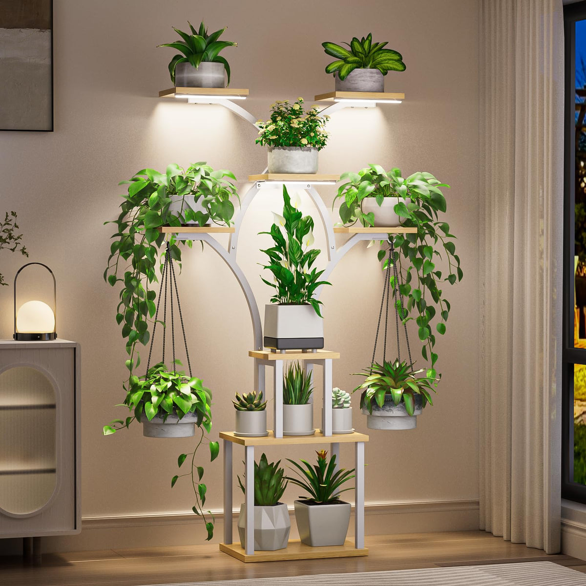 Elbourn front view showing full assembled plant stand and space-saving benefit
