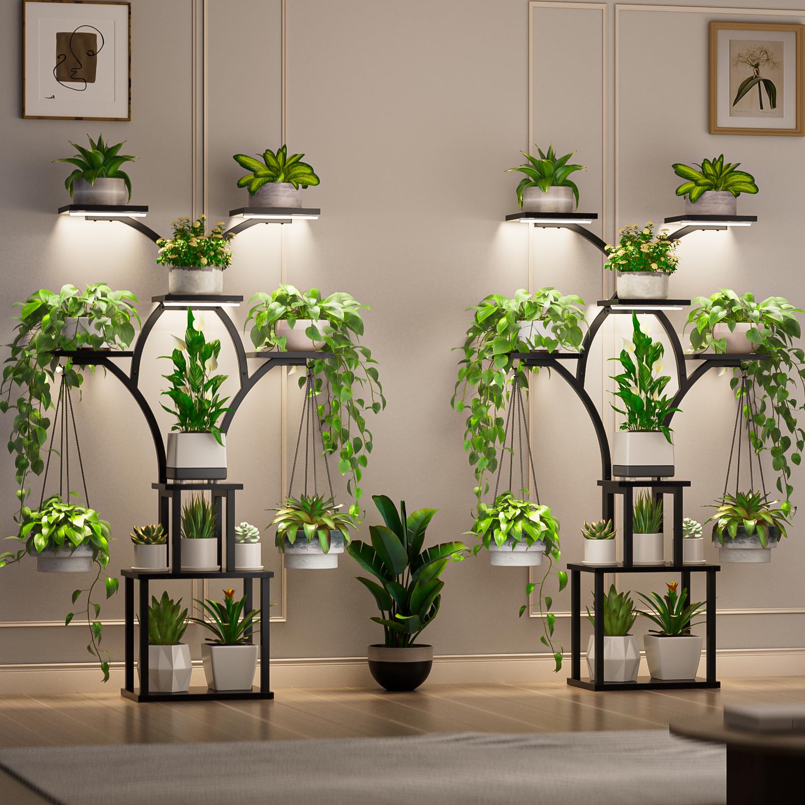 Elbourn dual hanging hooks supporting a hanging planter for layered display