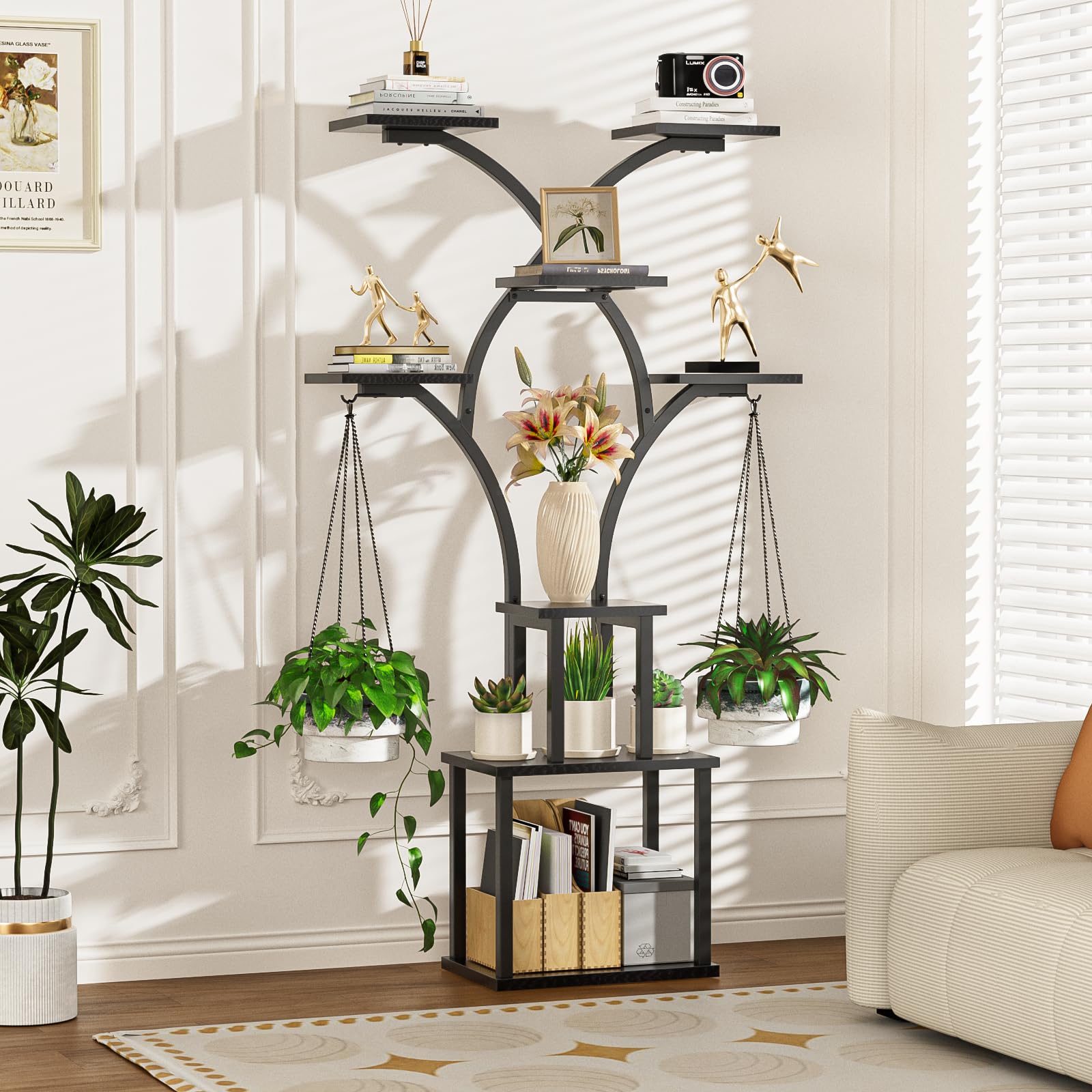 Elbourn plant stand staged in living room creating an indoor garden focal point