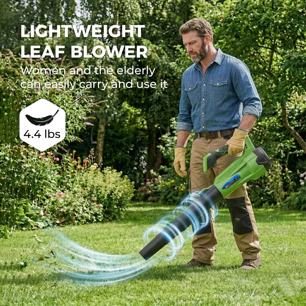 Elebatic clearing leaves on driveway demonstrating strong 690 CFM airflow benefit