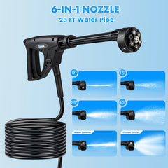 Elebatic close-up of 6-in-1 nozzle set demonstrating versatile spray patterns