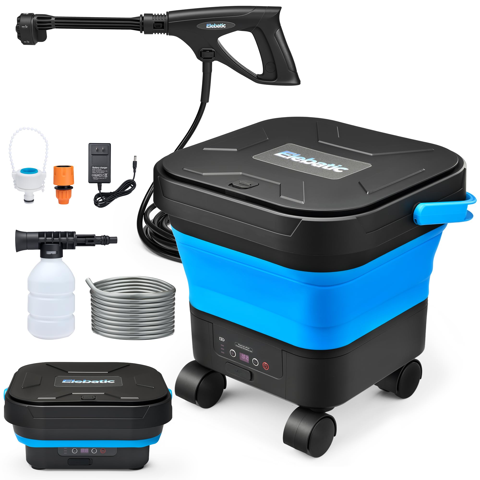 Elebatic front view of cordless washer showing tank and controls for quick setup