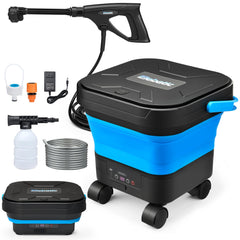 Elebatic front view of cordless washer showing tank and controls for quick setup