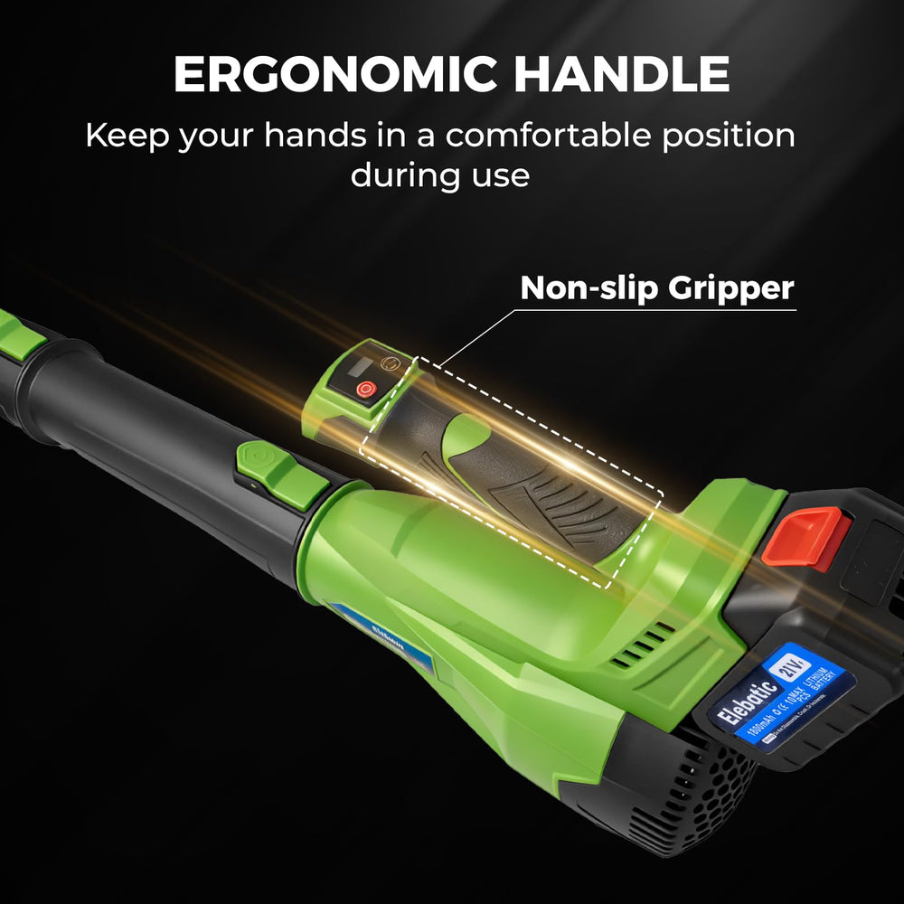 Elebatic blower next to measuring tape showing compact size and portability benefit