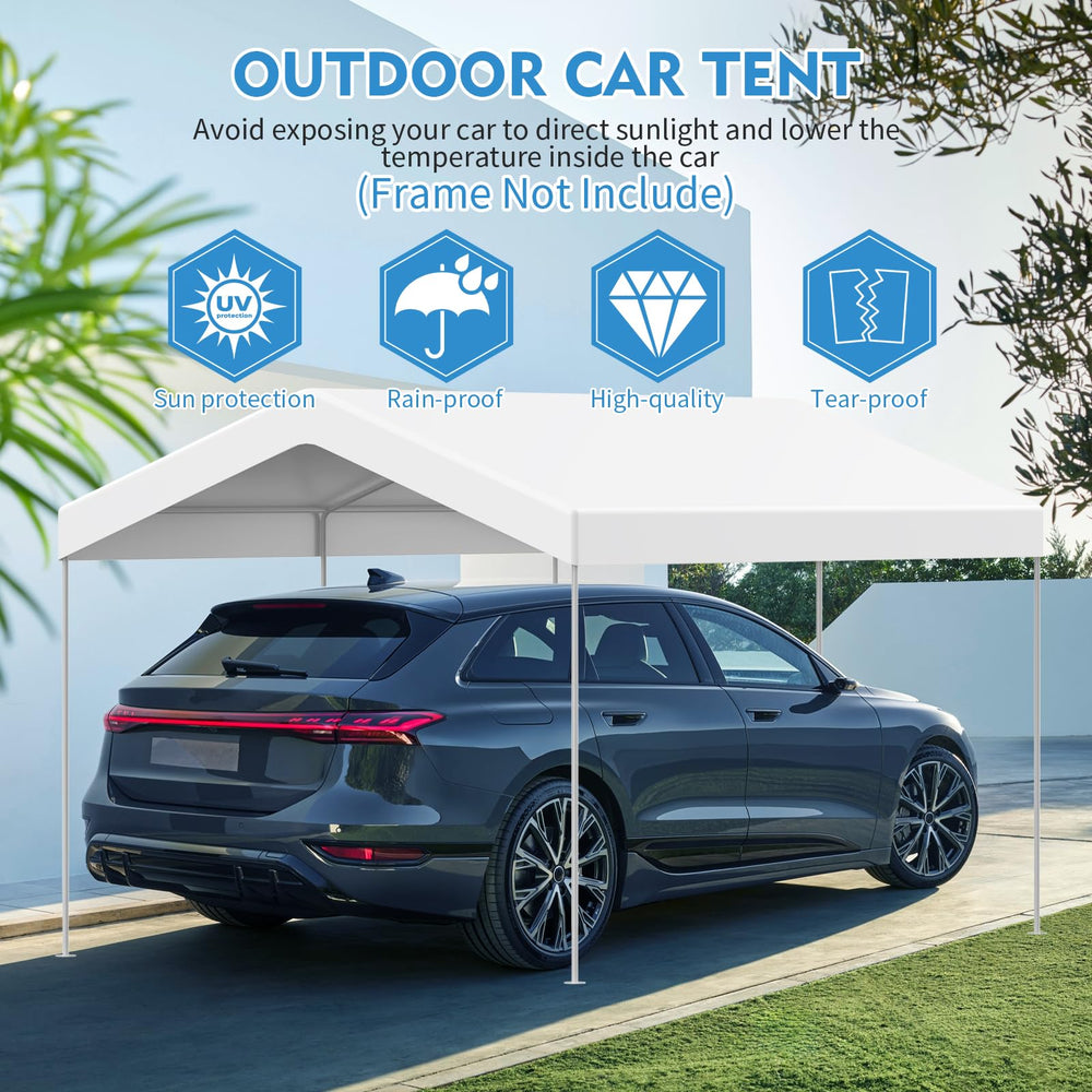 Elecoman tarp next to car demonstrating scale and full coverage for vehicles