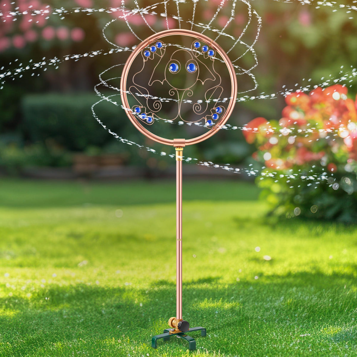 ElectricWise frog sprinkler front view showing decorative design and coverage benefit