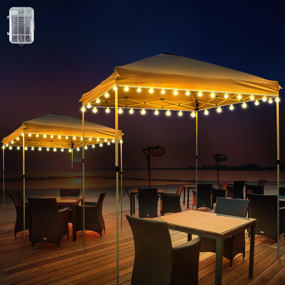 ElectricWise front packaging showing 40ft LED canopy lights and warm white bulbs for easy setup