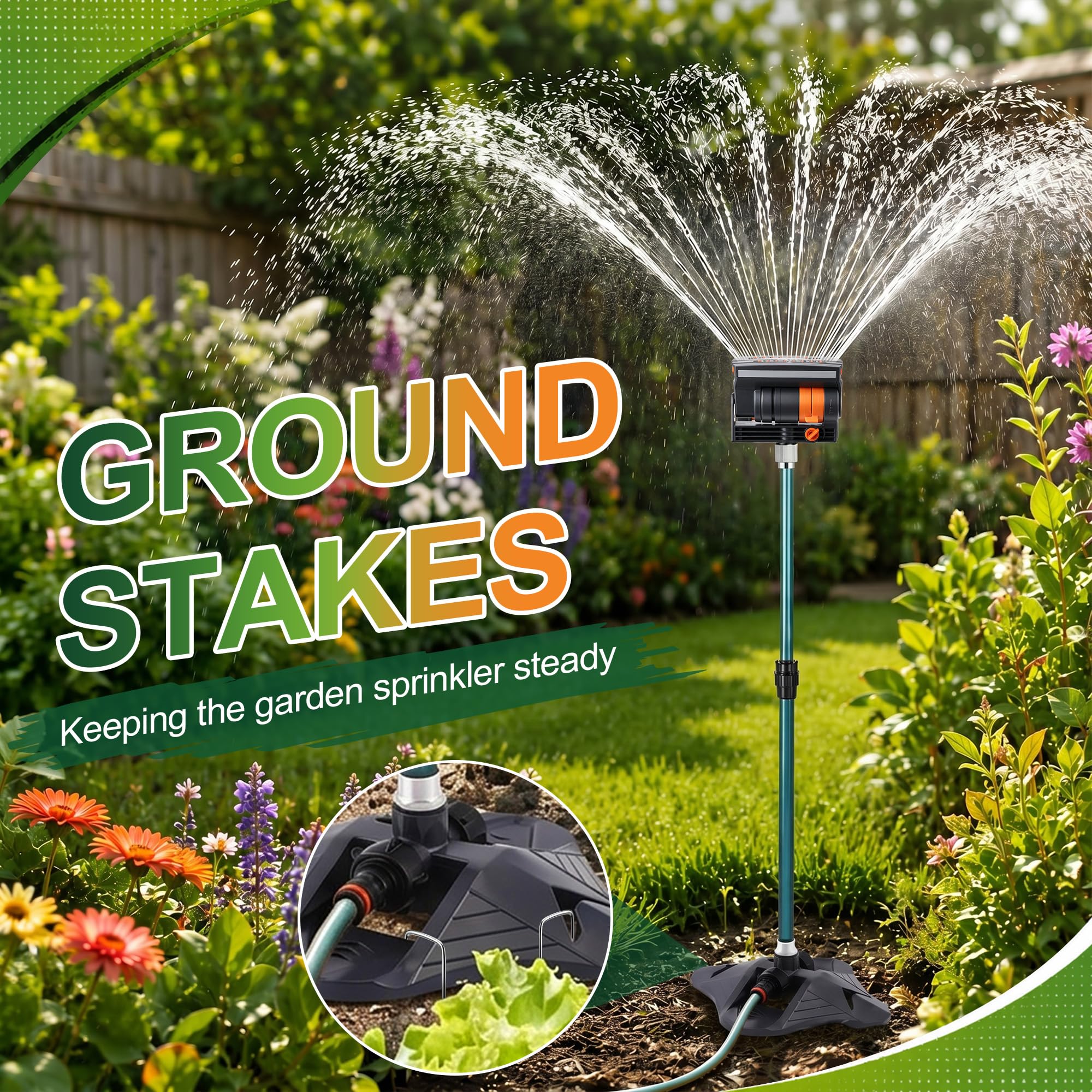 ElectricWise sprinkler next to garden plant demonstrating height reach and gentle arc