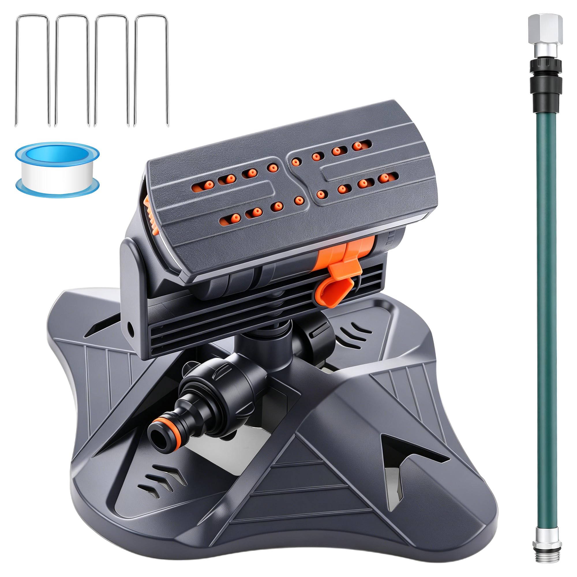 ElectricWise front view of oscillating sprinkler showing stable base and riser, improves watering coverage