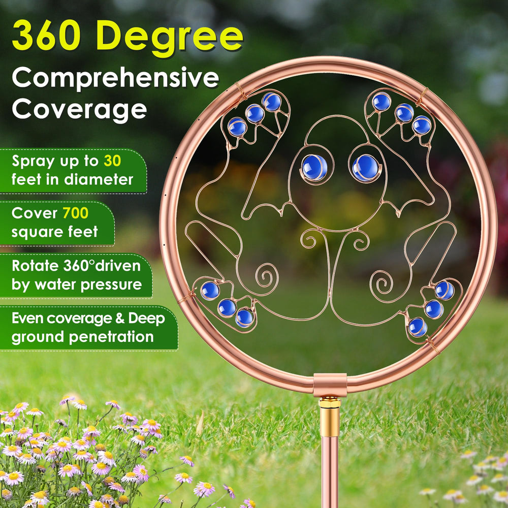ElectricWise sprinkler spraying lawn showing even 360-degree coverage benefit