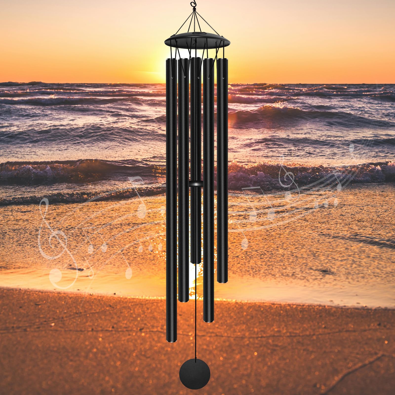 Elecxlink front view of black 65" wind chime showing elegant outdoor presence and sound