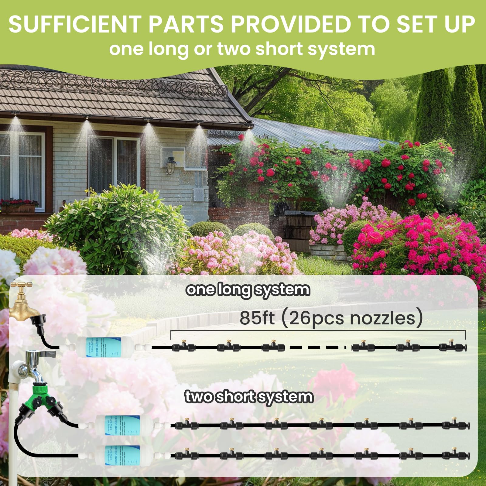 Eledom mister tubing beside a garden faucet showing scale and setup ease