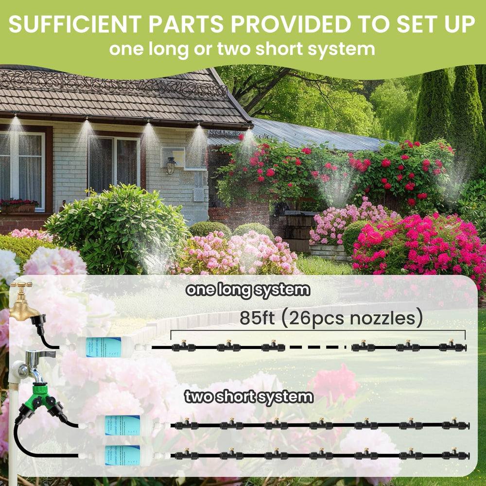 Eledom mister tubing beside a garden faucet showing scale and setup ease