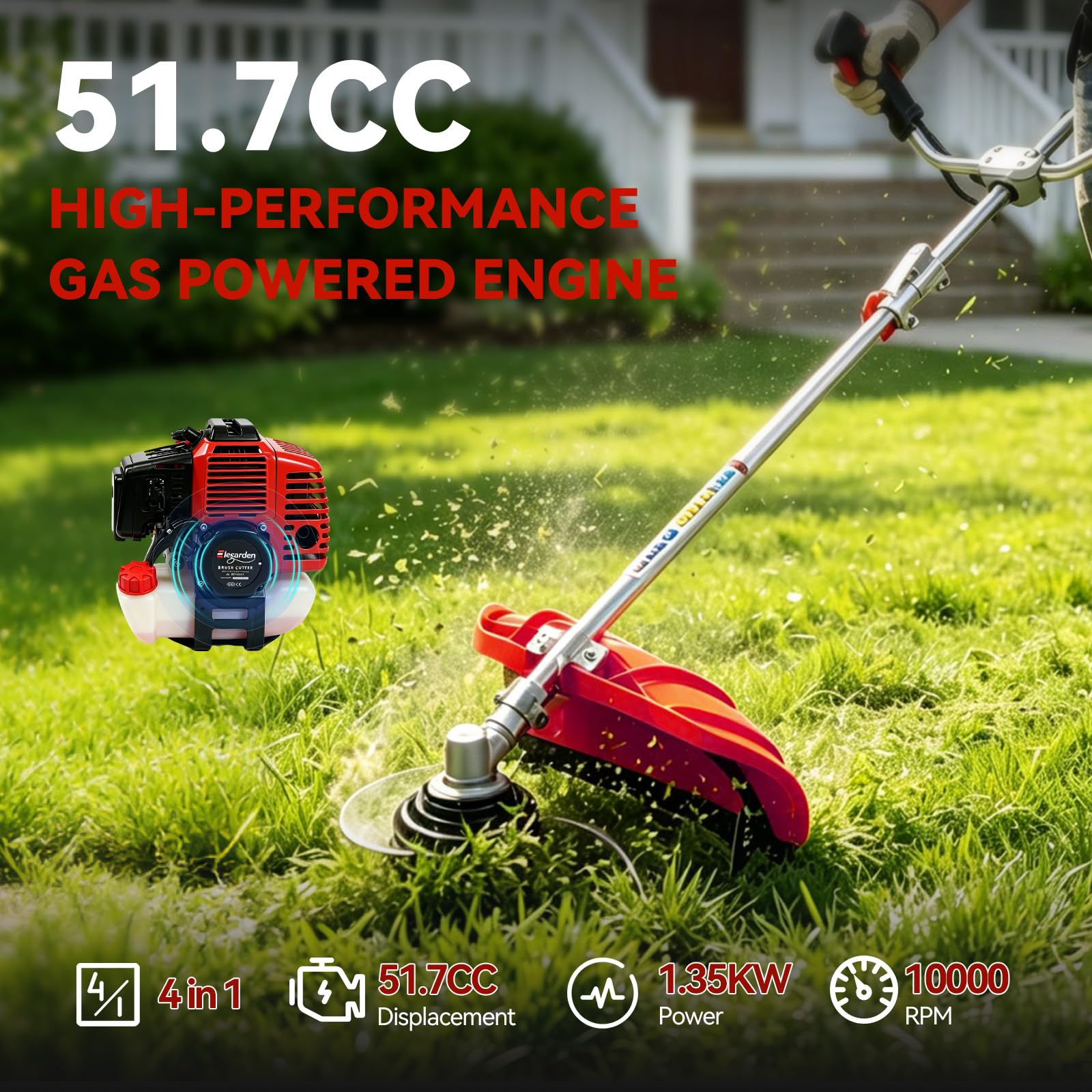 Elegarden engine close-up highlighting the 51.7CC power and reliable performance