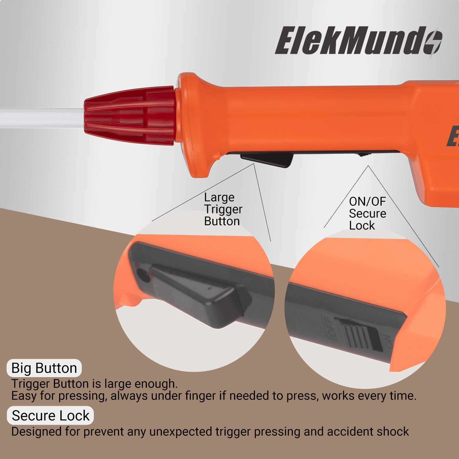 ELEKMUNDO battery port and charge indicator showing long-life 5200mAh battery