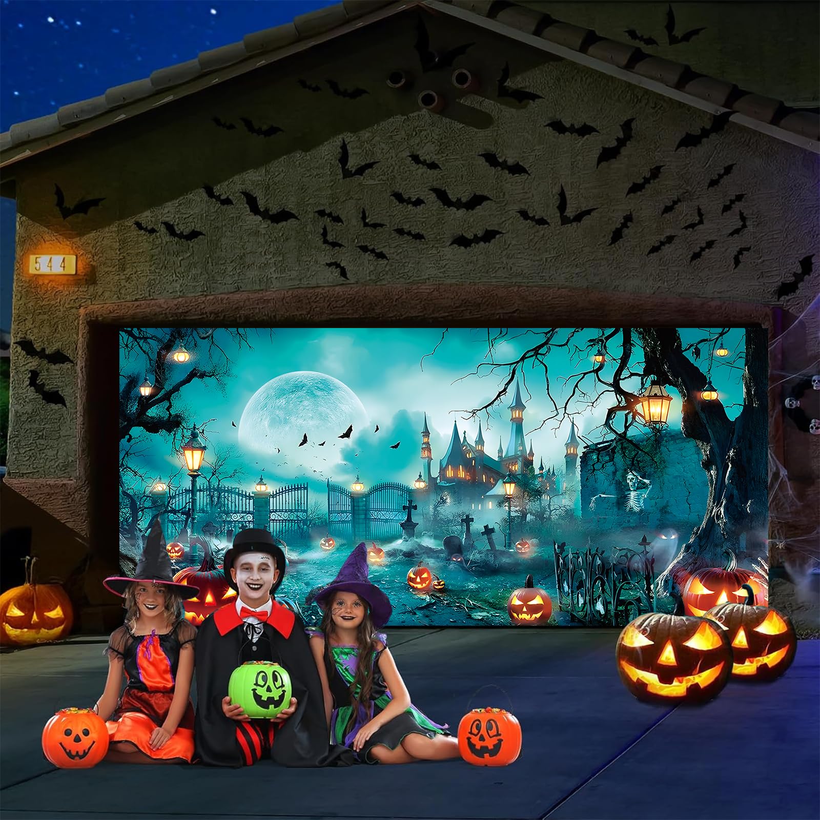 Eleouto door cover in backyard display creating eye-catching Halloween decorations