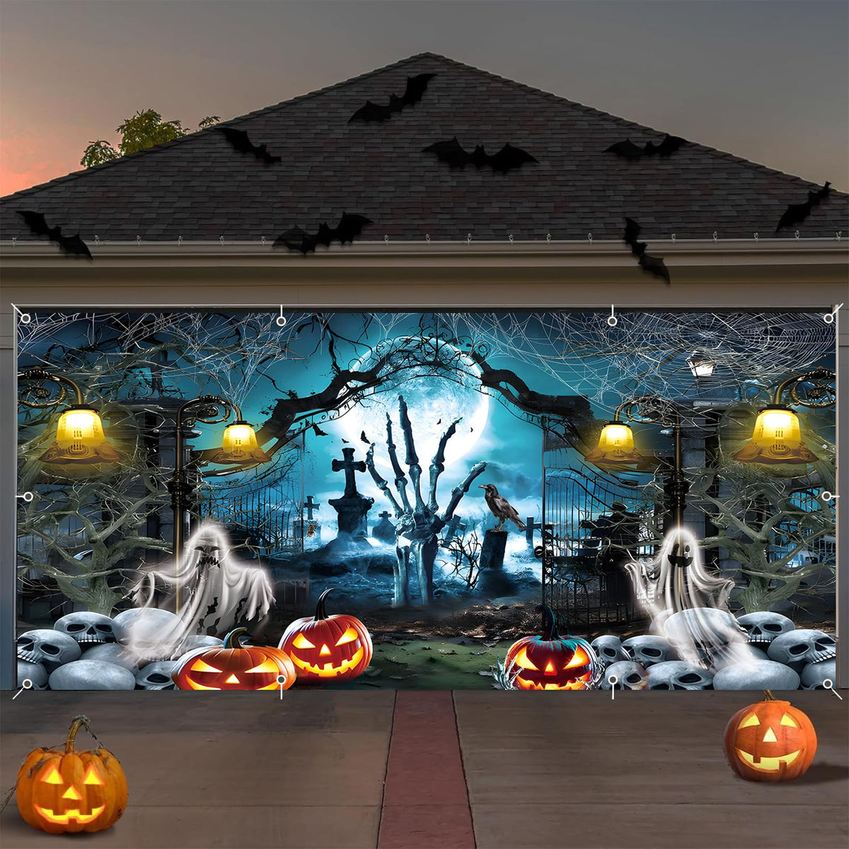 Eleouto front view of spooky cemetery garage cover showing full dramatic print