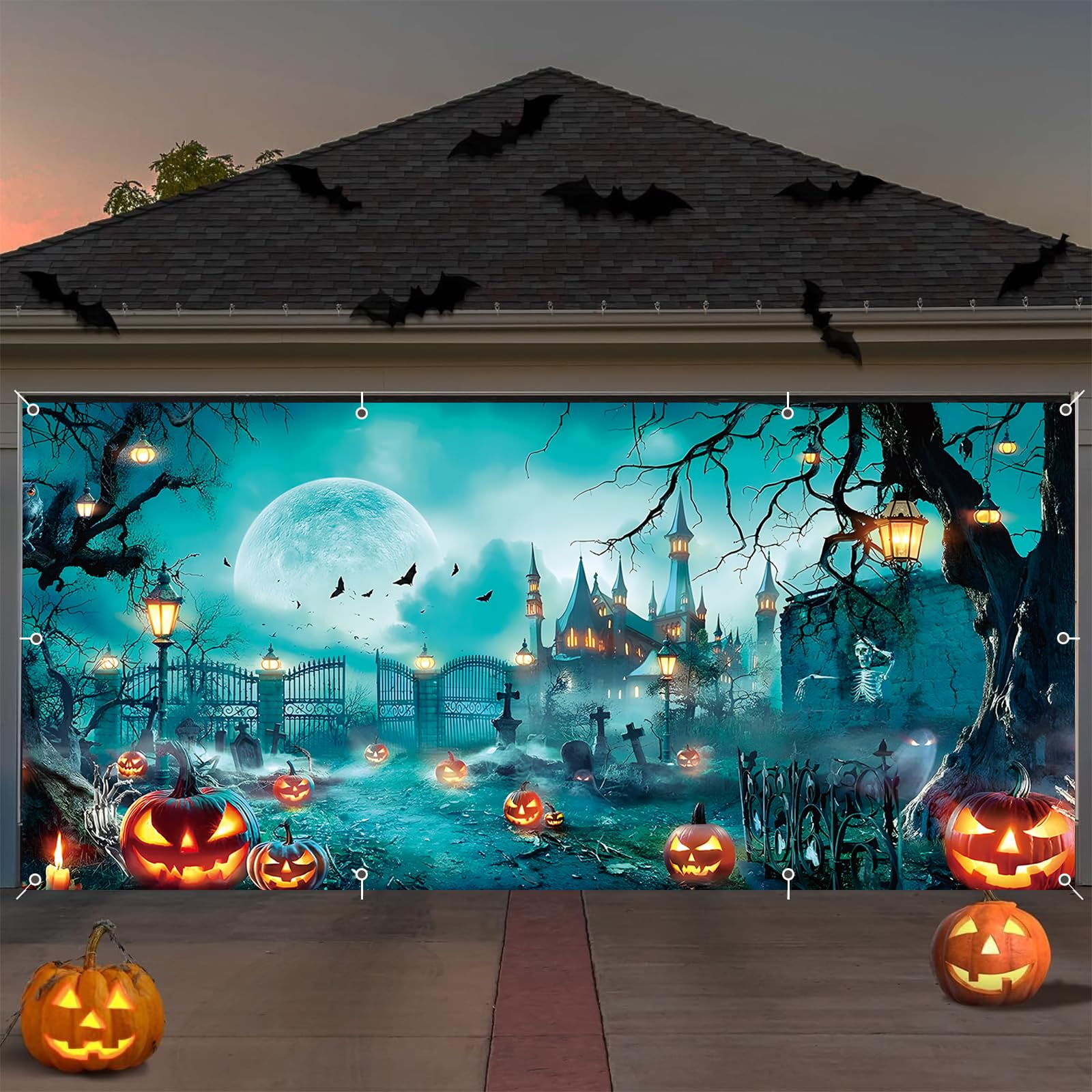 Eleouto front view garage door cover showing full cemetery scene and curb appeal