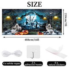 Eleouto hung on a garage at night creating a convincing haunted yard backdrop