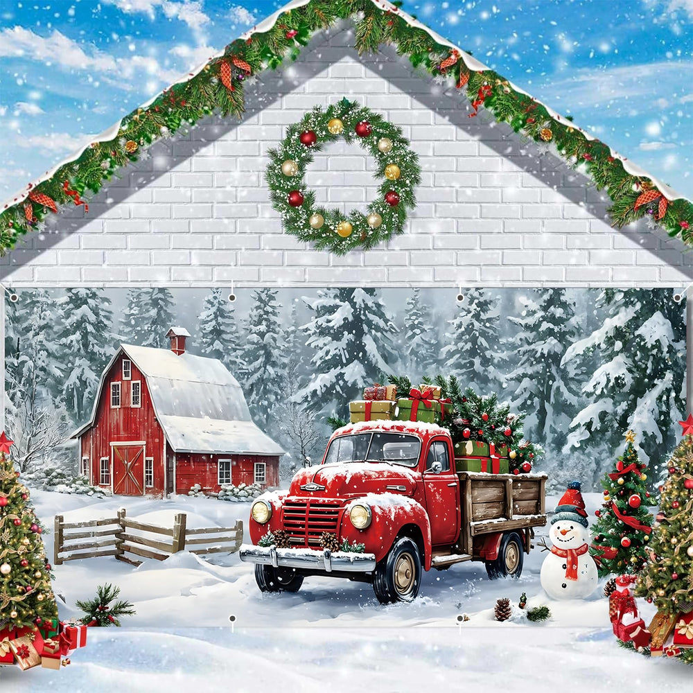 Eleouto garage door cover installed on two-car garage boosting festive look