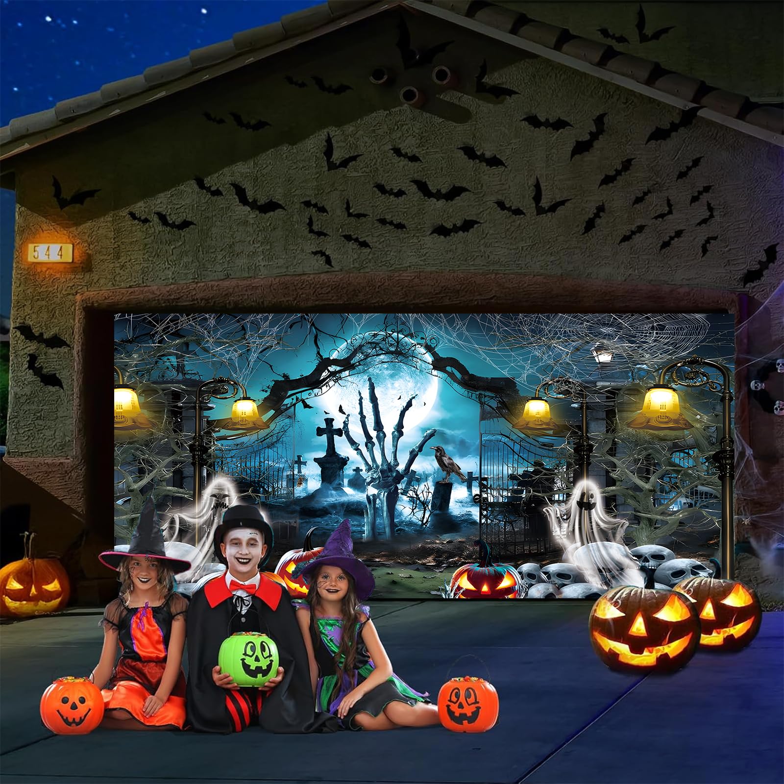 Eleouto displayed in a yard with props to show party-ready Halloween atmosphere